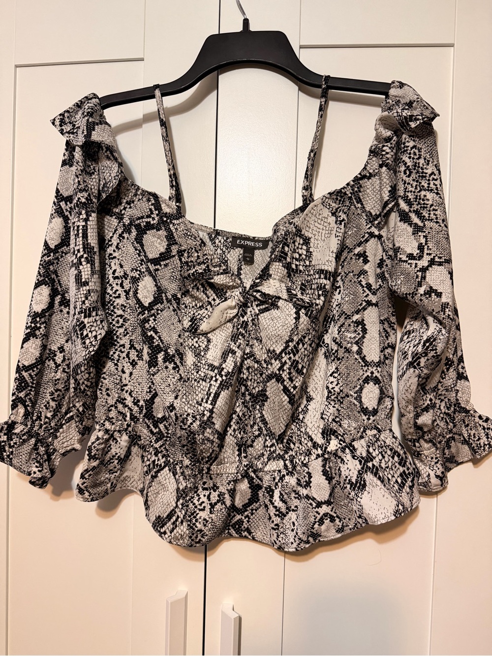 Express Black & White Snake-Print Cold Shoulder Blouse